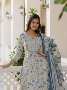 Cotton Hand Work Kurti Pant Dupatta Set for Women