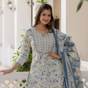 Cotton Hand Work Kurti Pant Dupatta Set for Women